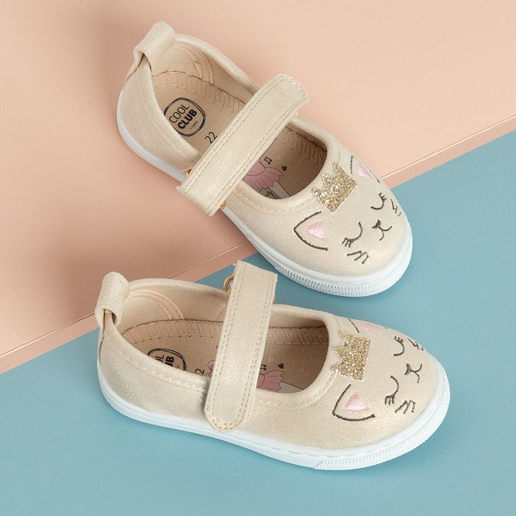 Ecru canvas ballerinas with cats print