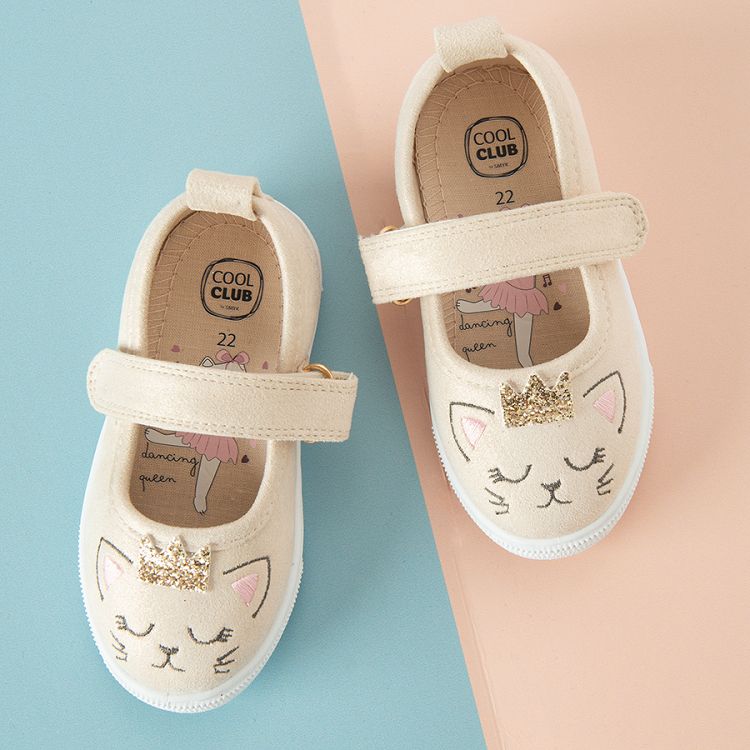 Ecru canvas ballerinas with cats print