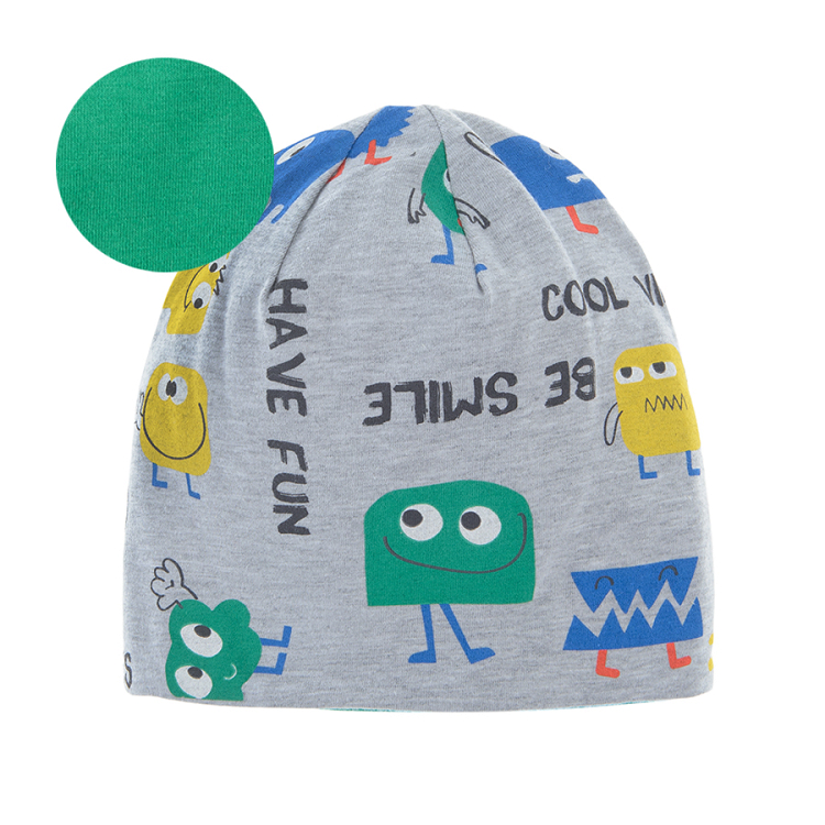 Grey melange beanie cap with fun print