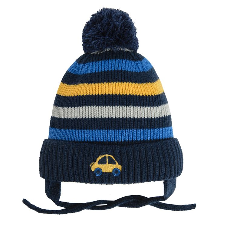 Blue stripes cap with pom pom and car print