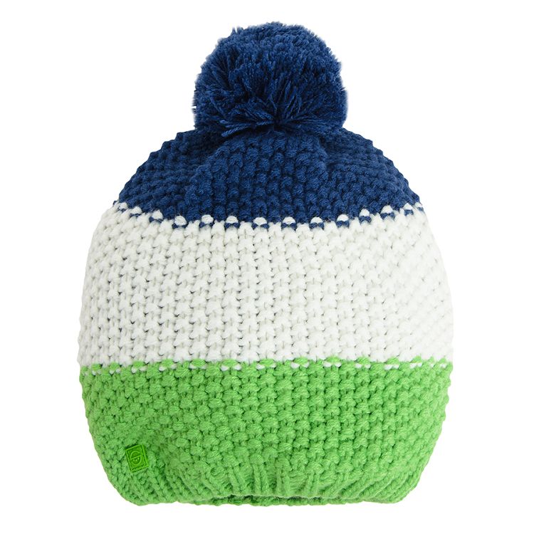 Fluo green, white and blue cap with pom pom