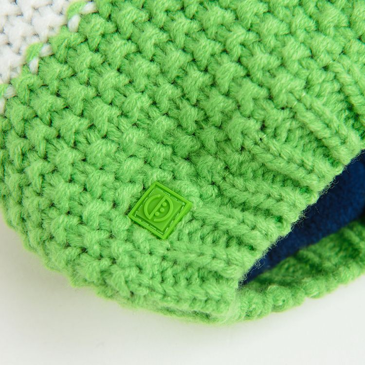 Fluo green, white and blue cap with pom pom