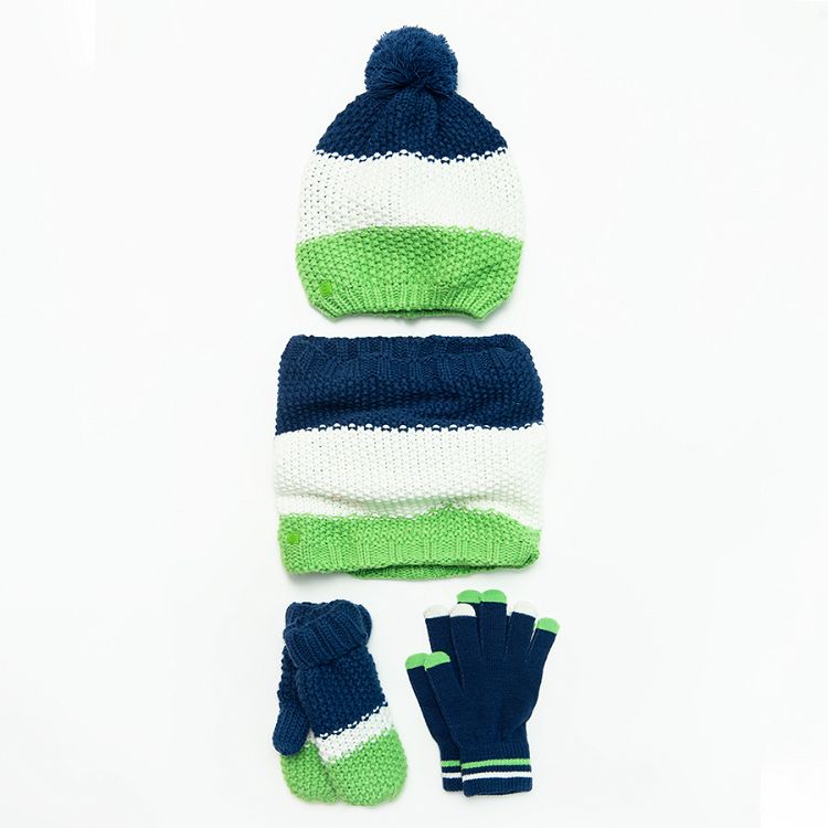 Fluo green, white and blue cap with pom pom