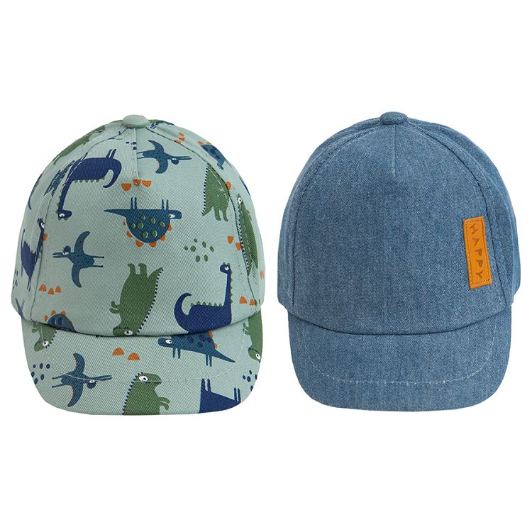 Denim and green with dinosaurs print jockey hat- 2 pieces