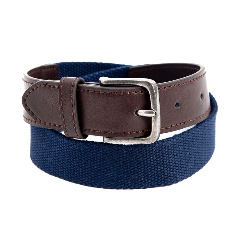 Blue belt with brown leather details