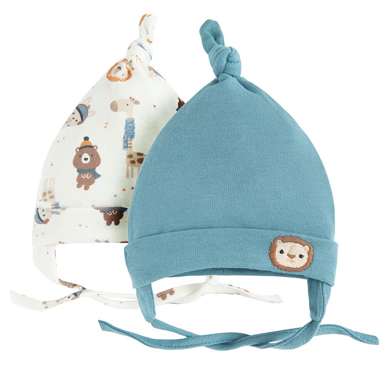 Blue and white with animals print all year ear flap hat- 2 pack