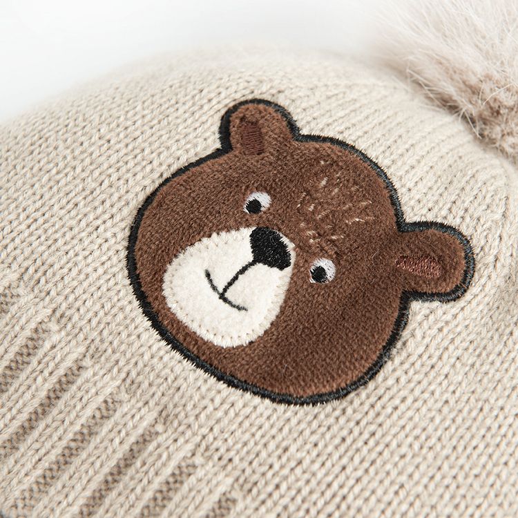 Ecru winter earflap hat with bear print