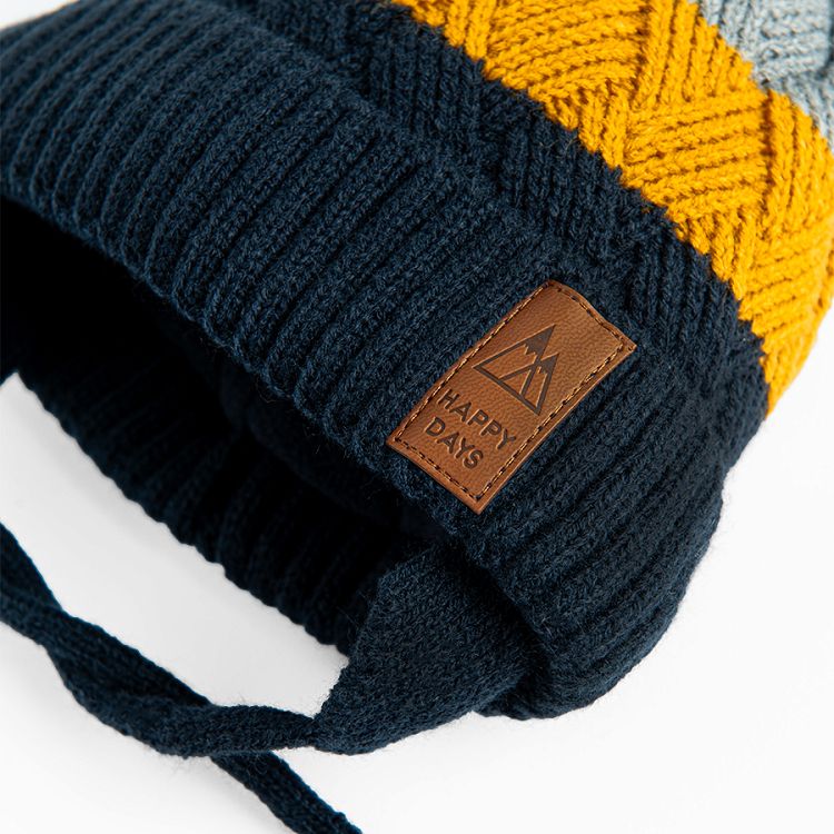 Black, yellow grey winter earflap hat with pom pom