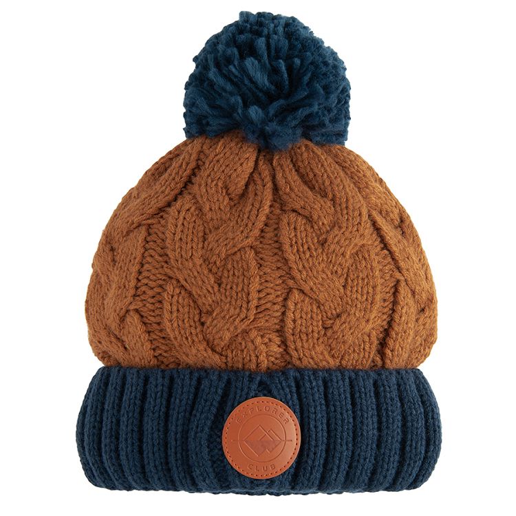 Brown and blue beanie with pom pom