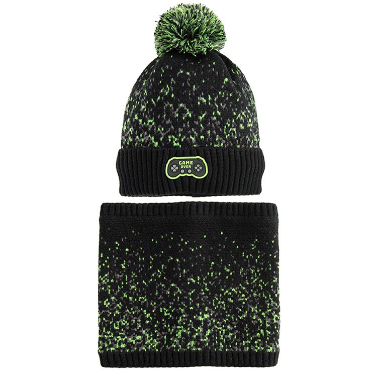 Black and green gaming hat with pom pom and scarf set- 2 pieces