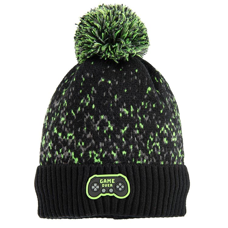 Black and green gaming hat with pom pom and scarf set- 2 pieces