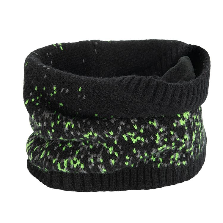 Black and green gaming hat with pom pom and scarf set- 2 pieces