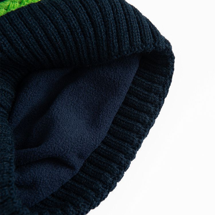 Blue, green, white winter beanie with pom pom