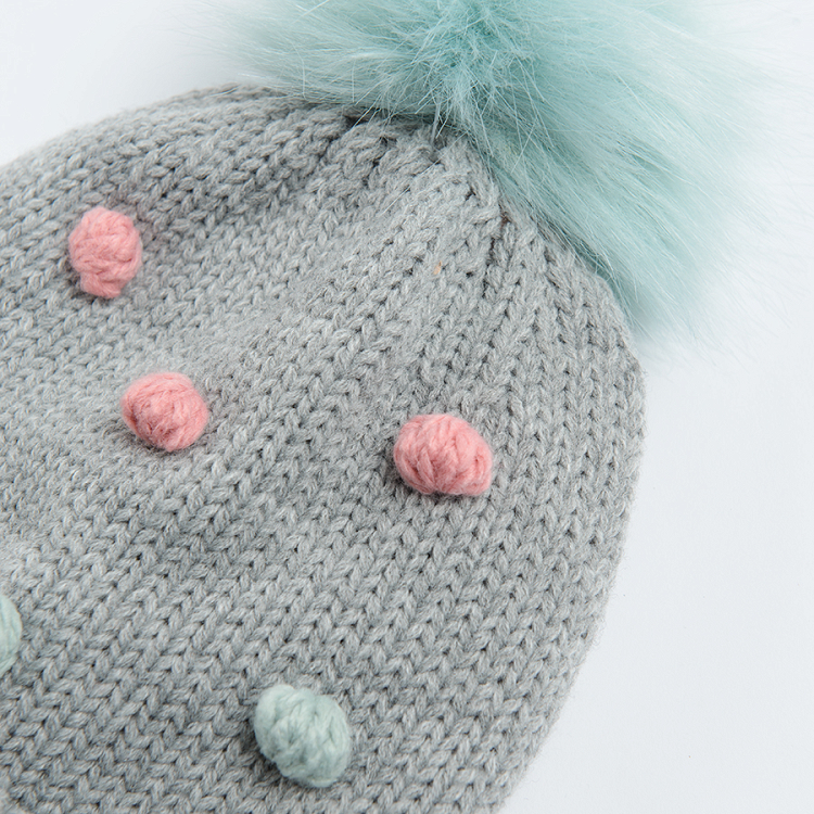 Grey melange cap with pom poms