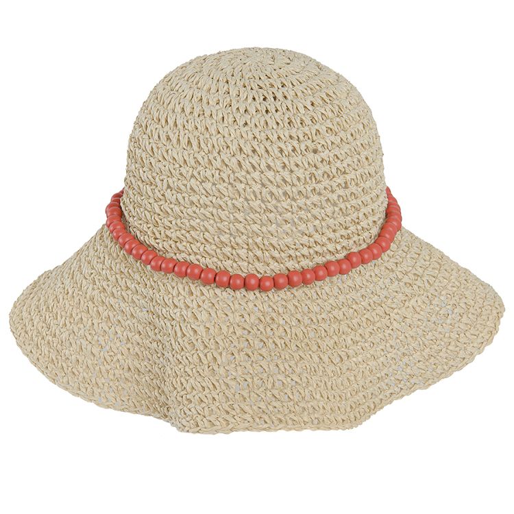 Light beige brimmed Panama hat with coral beads