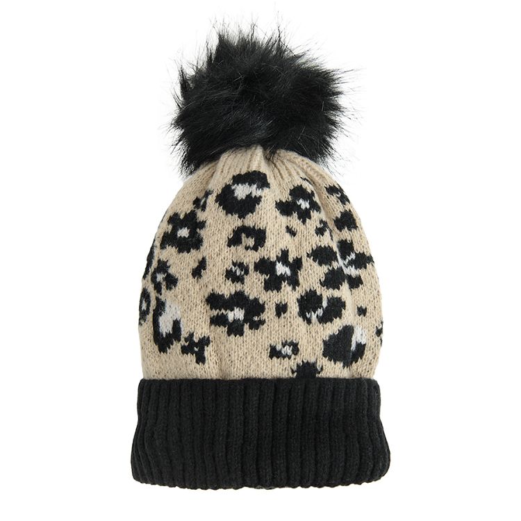 Animal print cap with pom pom