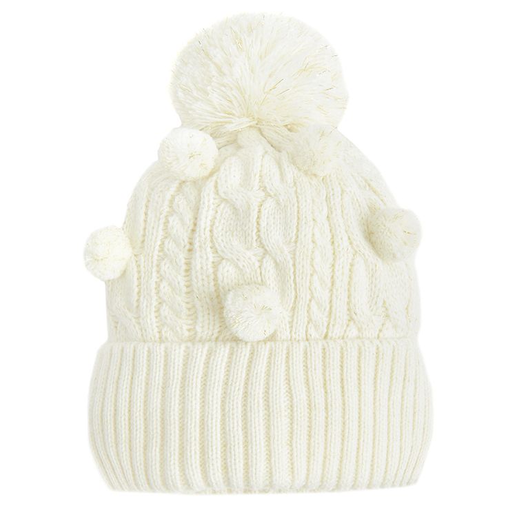 White cap with pom pom and decorative balls