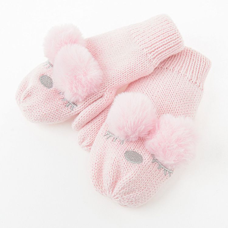 Pink mittens with ears and pom poms