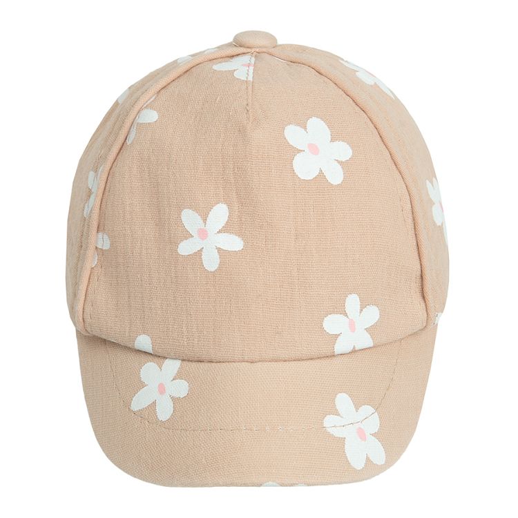 Ligh pink jockey hat with daisies print and bow on the back