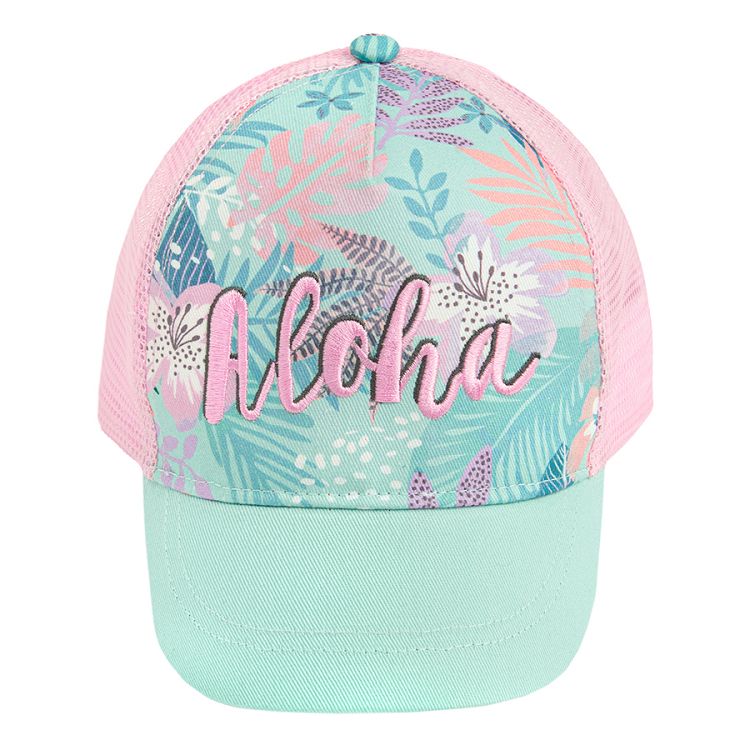 Pink and turquoise jockey hat with Aloha and leaves print