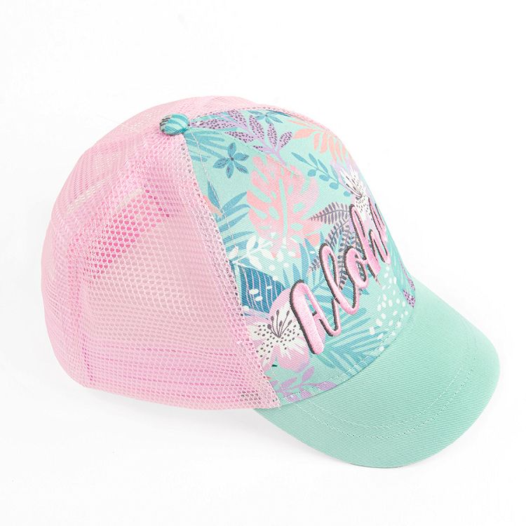 Pink and turquoise jockey hat with Aloha and leaves print