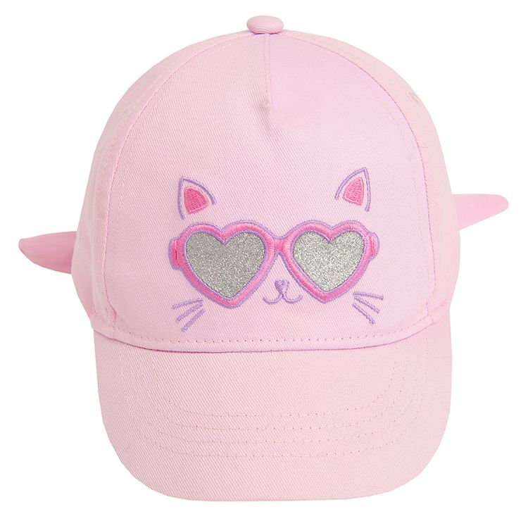 Pink jockey hat with kitten with sunglasses print and knot on the back side