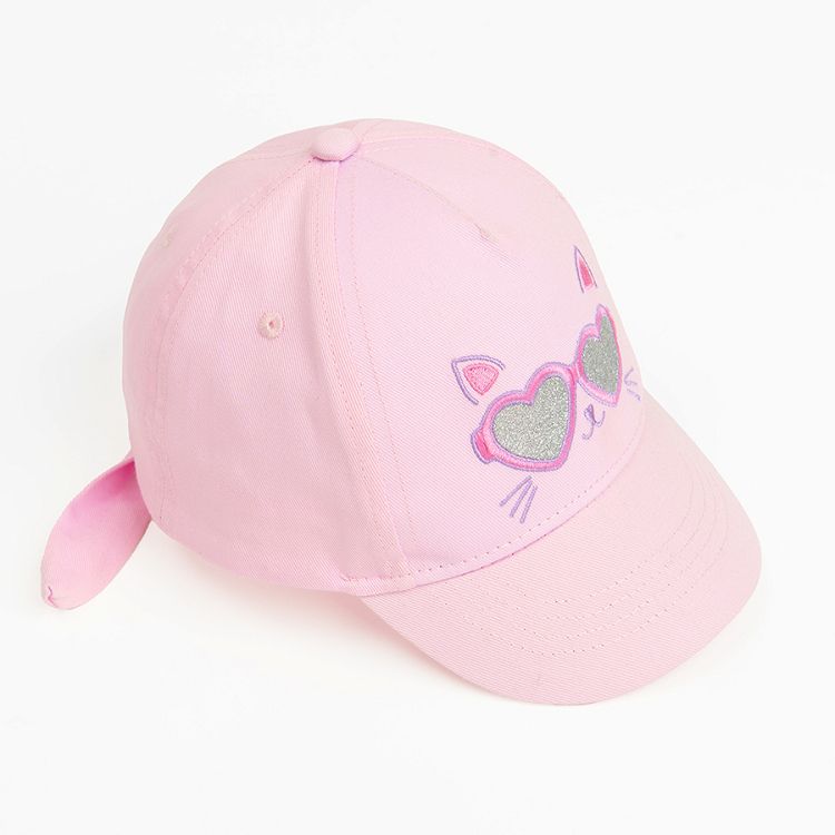 Pink jockey hat with kitten with sunglasses print and knot on the back side