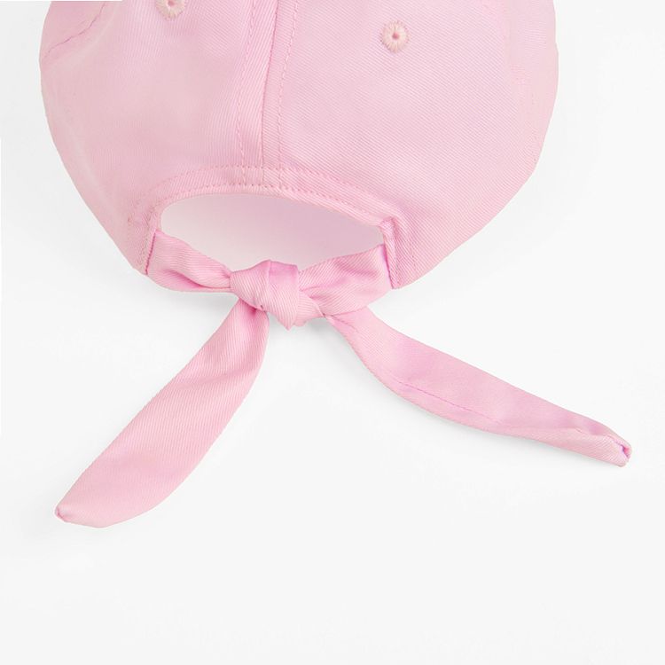 Pink jockey hat with kitten with sunglasses print and knot on the back side