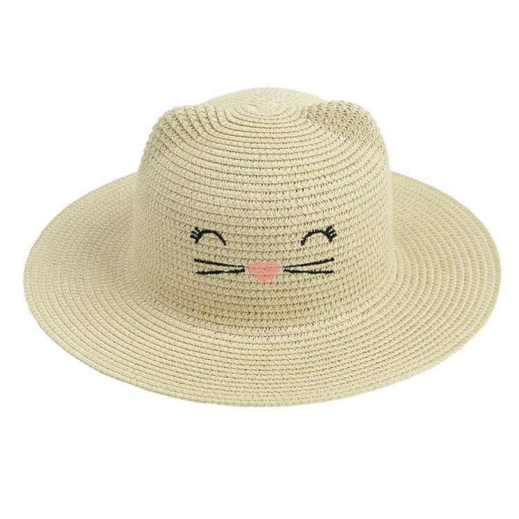 Straw hat with kitten face pattern