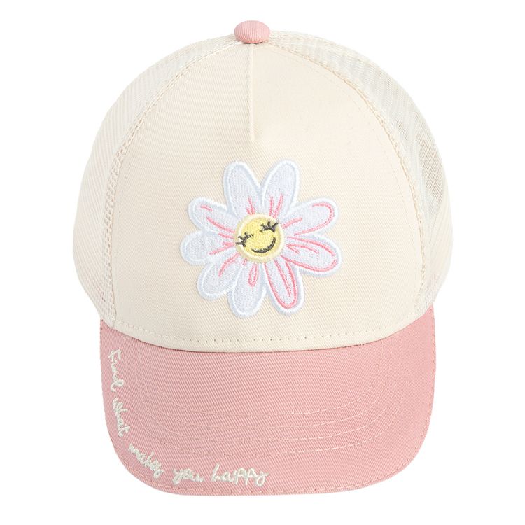 White and pink jockey hat with a flower print