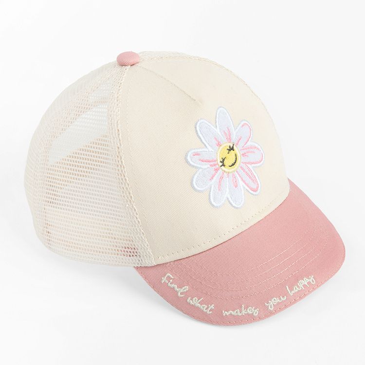 White and pink jockey hat with a flower print