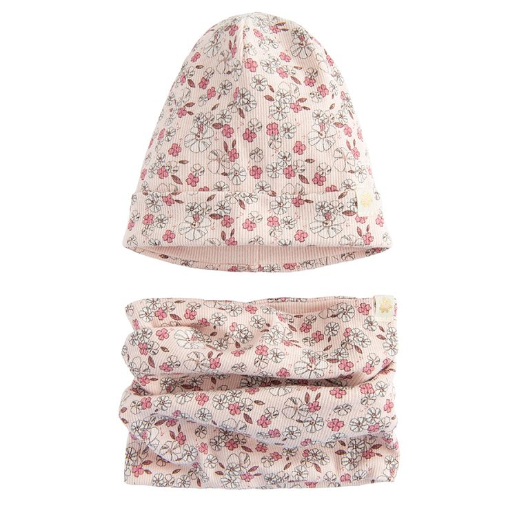 Ecru floral beanie and snoodscard set - 2 pieces