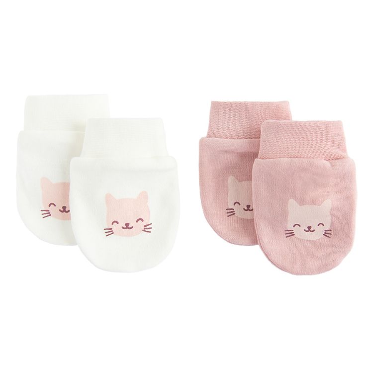 White and pink newborn gloves with kitten face print- 2 pack