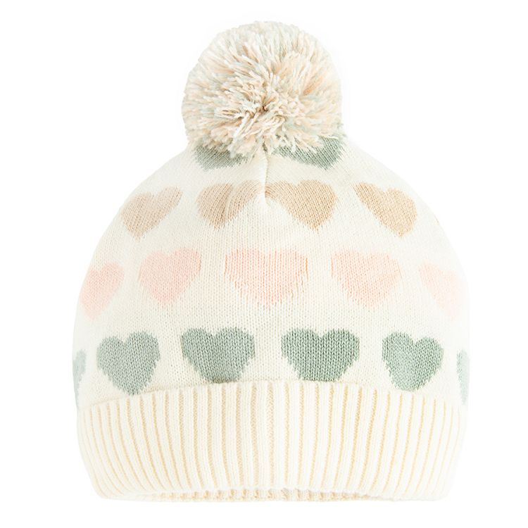 Ecru with hearts print and pom pom winter beanie