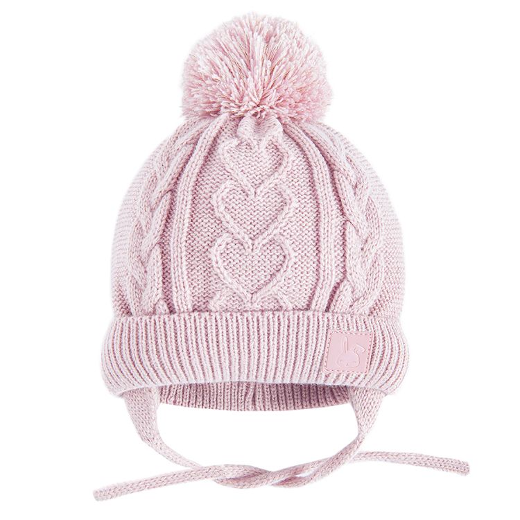 Pink winter earflap beanie with heart, braid pattern and pom pom