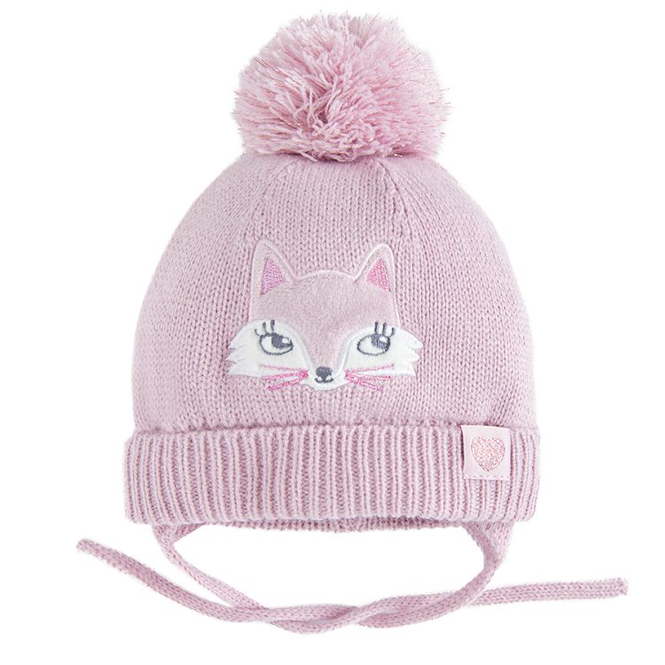 Pink earflap beanie with fox print and pom pom