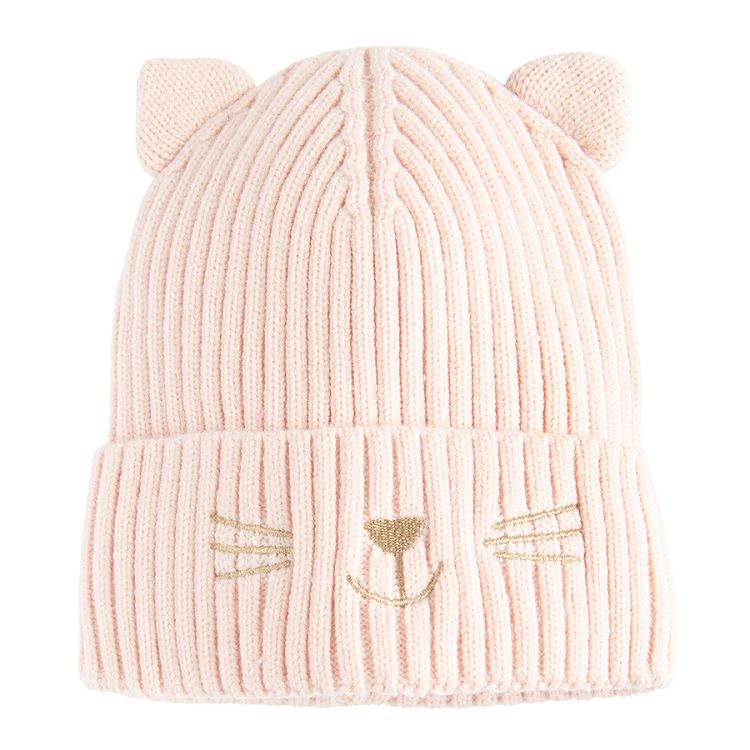 Pink beanie with ears and kitten print