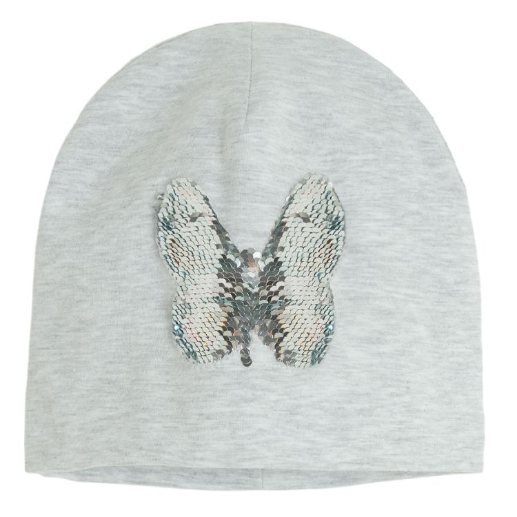 Grey beanie with butterfly print