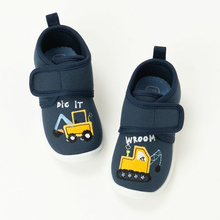 Blue slip on slippers with truck print