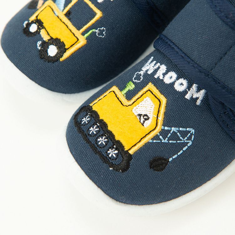 Blue slip on slippers with truck print