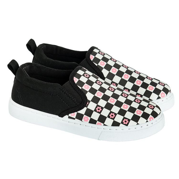 Black and white checked canvas slip on shoes