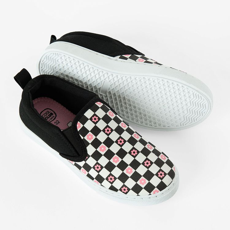 Black and white checked canvas slip on shoes