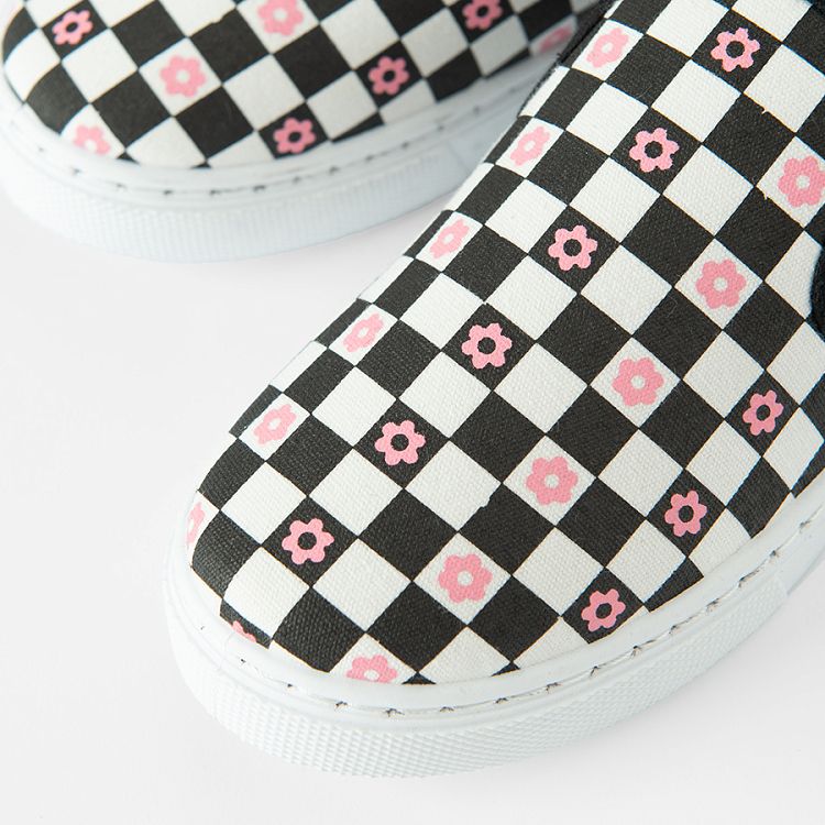 Black and white checked canvas slip on shoes