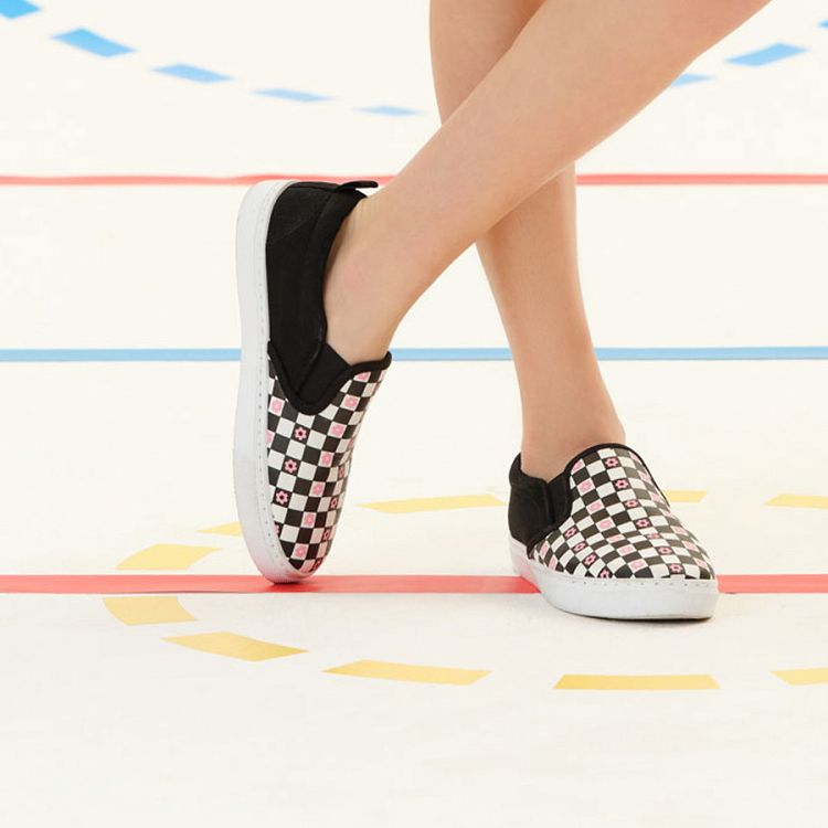 Black and white checked canvas slip on shoes