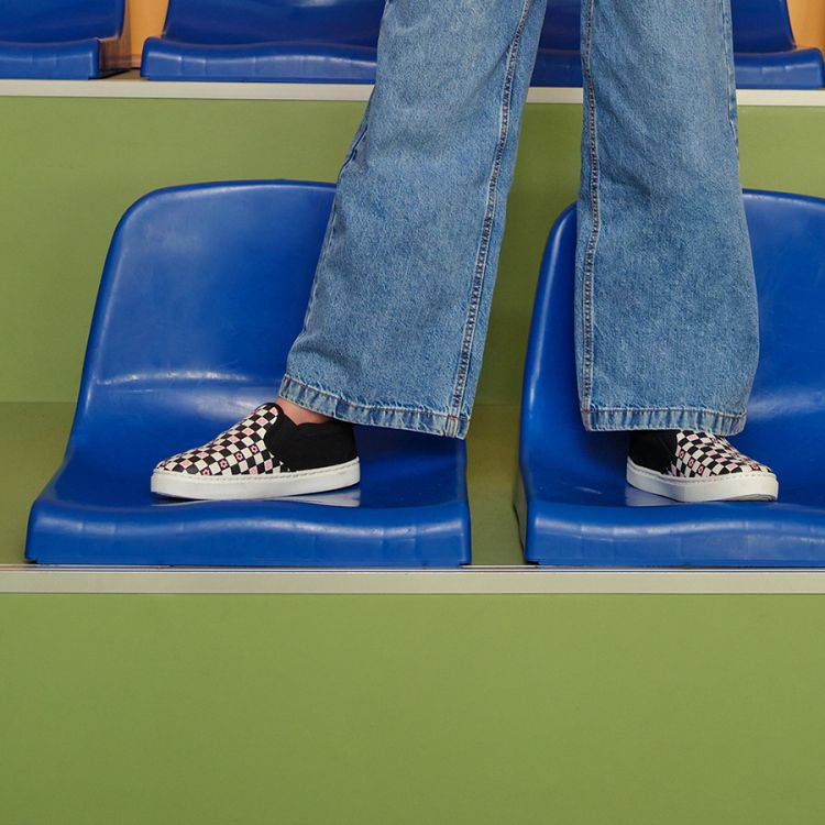 Black and white checked canvas slip on shoes