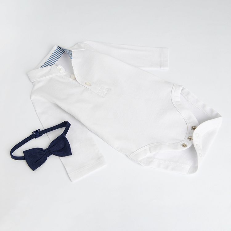 White long sleeve button down bodysuit with bow tie