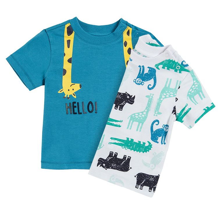 Blue with giraffe print and white with jungle animals short sleeve blouses 2-pack