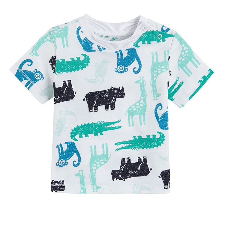 מארז חולצות שרוול קצר 2 יח' - כחול עם הדפס ג'ירפה ולבן עם חיות ג'ונגל