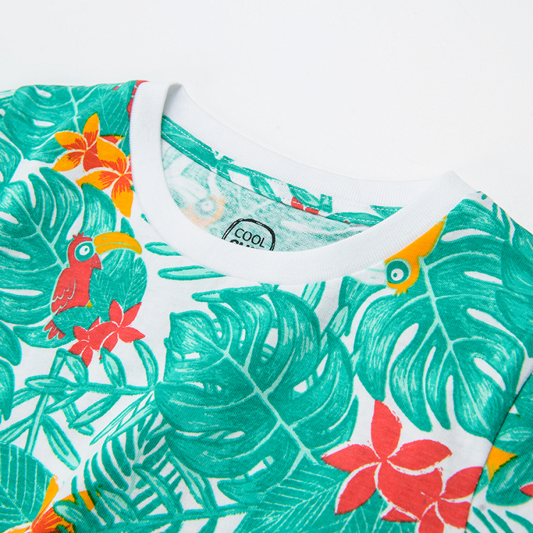 Short sleeve blouse with tropical leaves