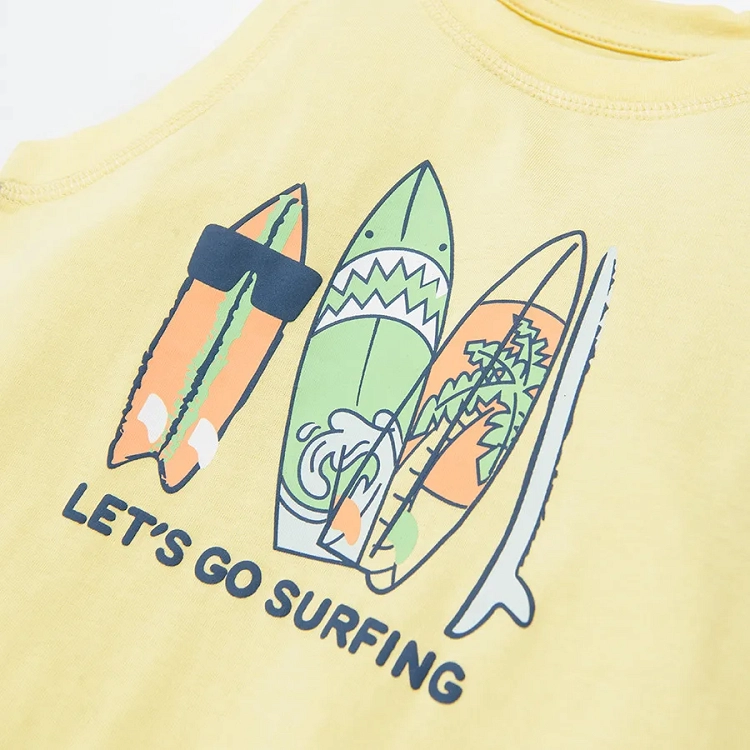 Yellow sleeveless blouse with lets go surfing print